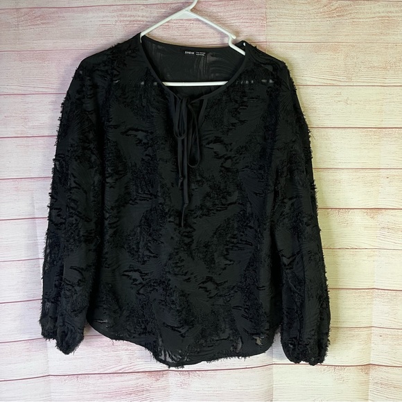 Shein VNeck With Tie Black Fuzzy Long Sleeve Blouse Size Medium - Picture 1 of 5
